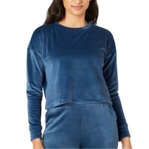 Beyond Yoga Soft Velvet Brushed Up Cropped Pullover Sweatshirt in celestial blue